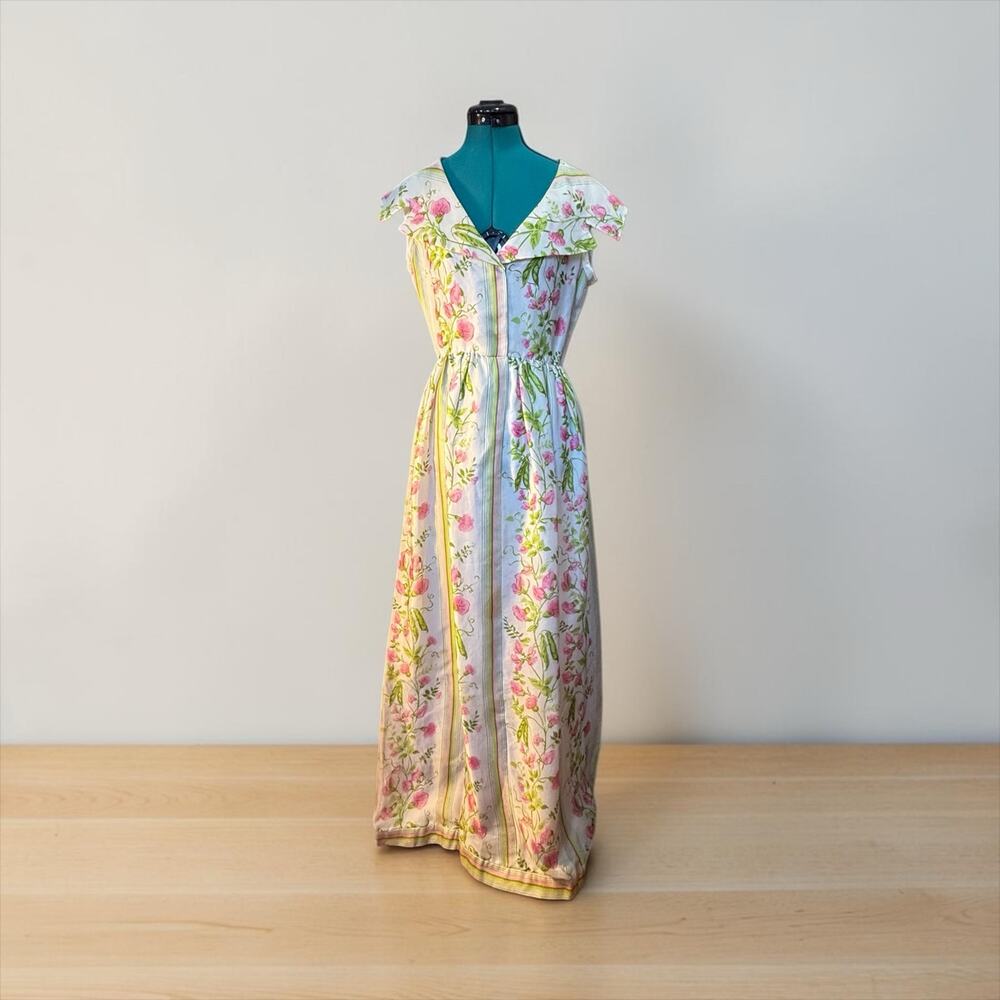 1970s Bill Blass Silk Garden Party Maxi Dress Pink Floral Romantic Flowy